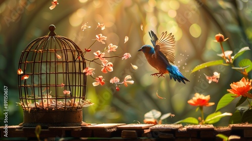 An elegant and inspiring scene of a bird being released from a cage.  photo