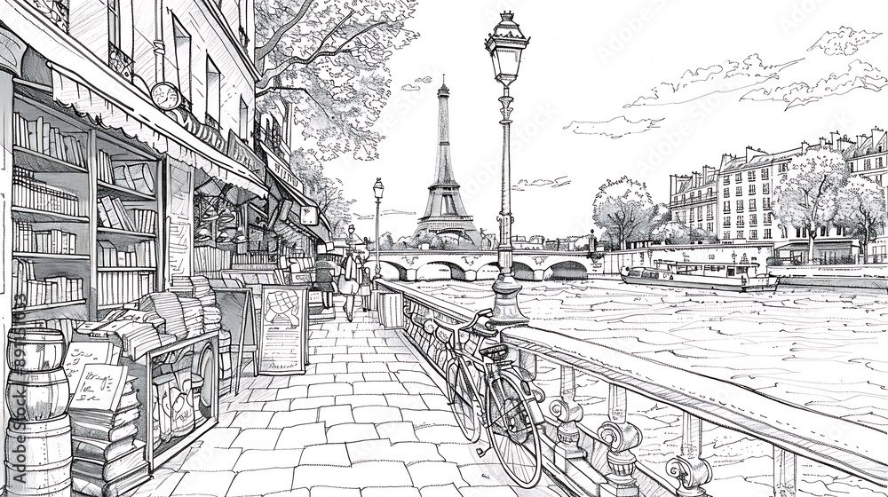 Naklejka premium the black and white cartoon drawing with clear art lines of the arabian postacards and book sellers along the Seine in Paris, for a coloring book page, no gray shade