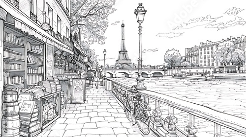 the black and white cartoon drawing with clear art lines of the arabian postacards and book sellers along the Seine in Paris, for a coloring book page, no gray shade