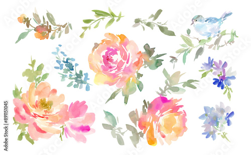 A set of abstract watercolor vector illustrations of pink and orange roses with blue flowers. Botanical watercolor illustrations for invitation design.
