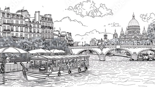 the black and white cartoon drawing with clear art lines of the arabian postacards and book sellers along the Seine in Paris, for a coloring book page, no gray shade photo