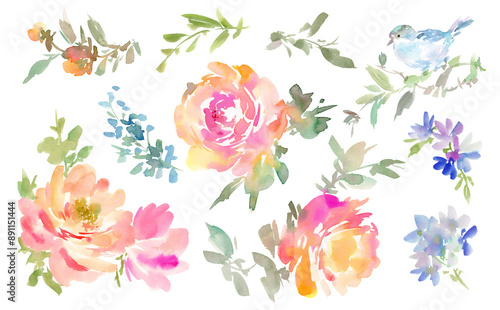 Fototapeta Naklejka Na Ścianę i Meble -  : A set of abstract watercolor illustrations of pink and orange roses with blue flowers with transparent background. Botanical watercolor illustrations for invitation design.