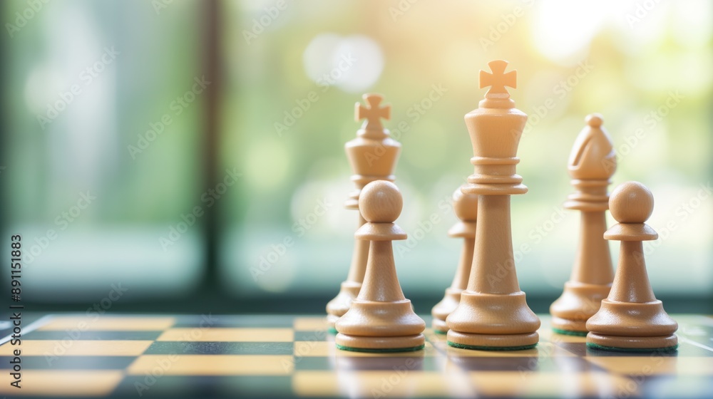 Business strategy, chess pieces on a board, decision making Business strategy, chess pieces on a board, decision making