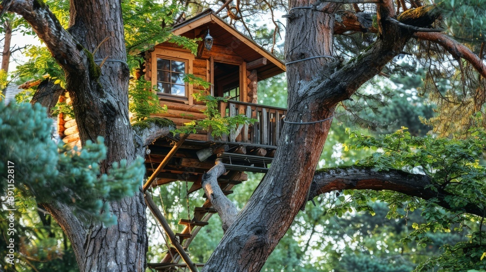 Treehouse nestled in the branches of a tall tree Treehouse nestled in the branches of a tall tree
