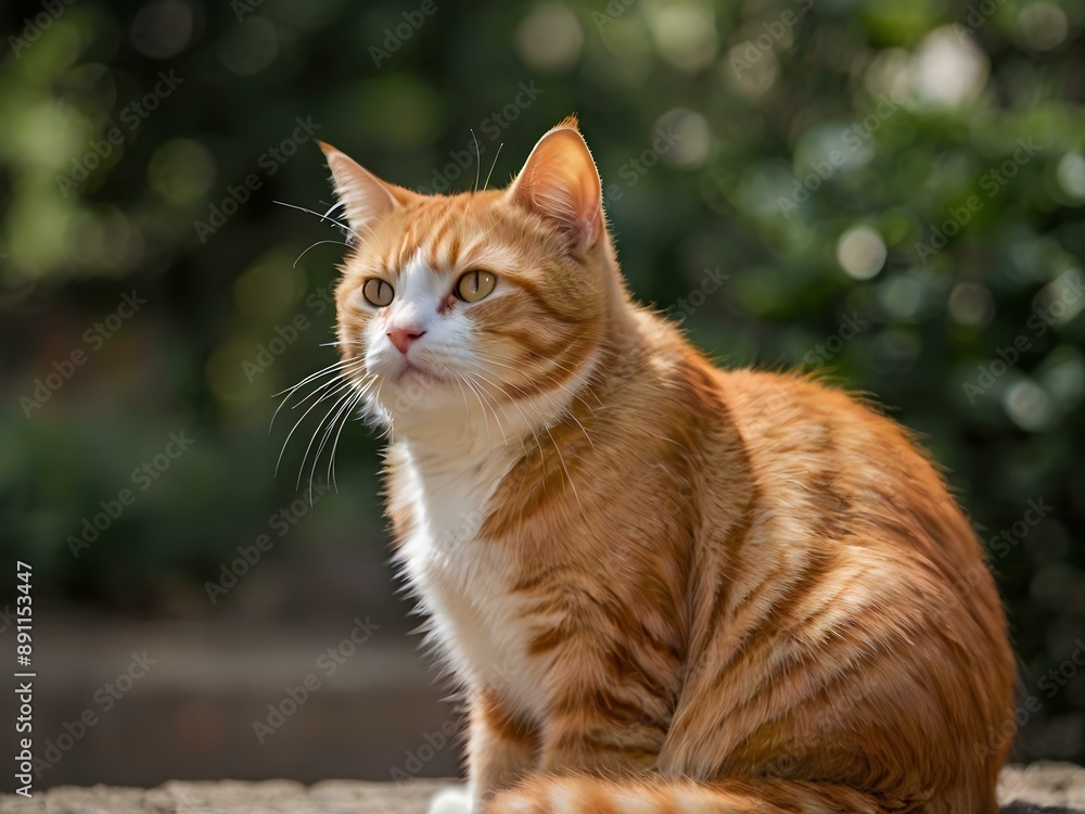 orange cat with blur background, orange cat is sitting and looking