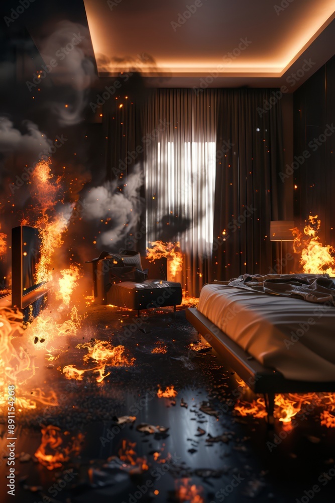 Blazing inferno engulfs modern minimalist bedroom. Flames consume furniture, curtains, walls, shrouded in thick black smoke. Window offers glimpse of outside world, obscured by intense heat, chaos. Blazing inferno engulfs modern minimalist bedroom. Flames consume furniture, curtains, walls, shrouded in thick black smoke. Window offers glimpse of outside world, obscured by intense heat, chaos.