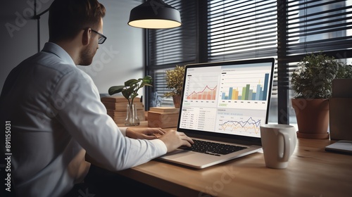 A high-resolution photo of a business professional on a video call in a clean home office, soft natural light.