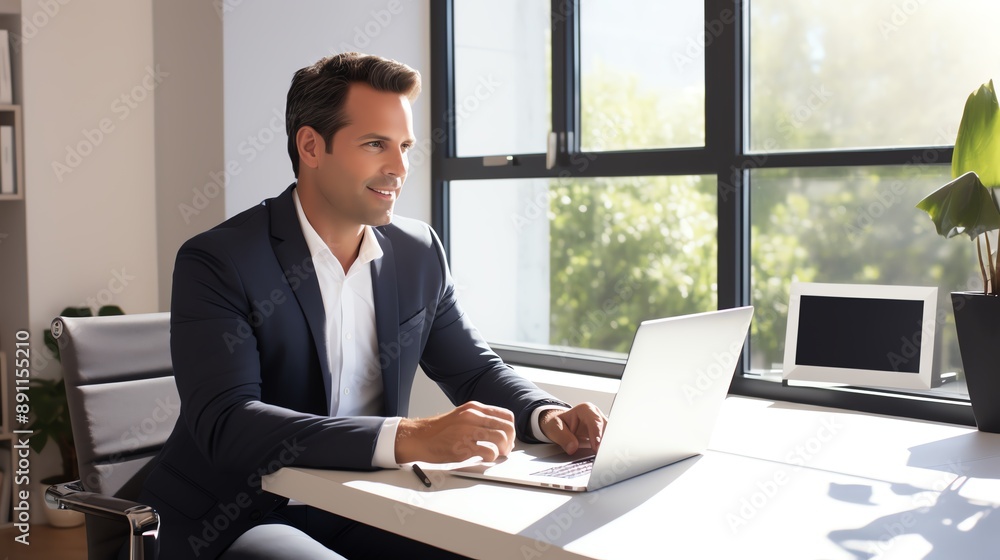 A high-resolution photo of a business professional on a video call in a clean home office, soft natural light. A high-resolution photo of a business professional on a video call in a clean home office, soft natural light.