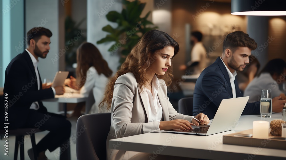 A high-resolution photo of a business team working on laptops in a clean, modern workspace, collaborative and professional. A high-resolution photo of a business team working on laptops in a clean, modern workspace, collaborative and professional.