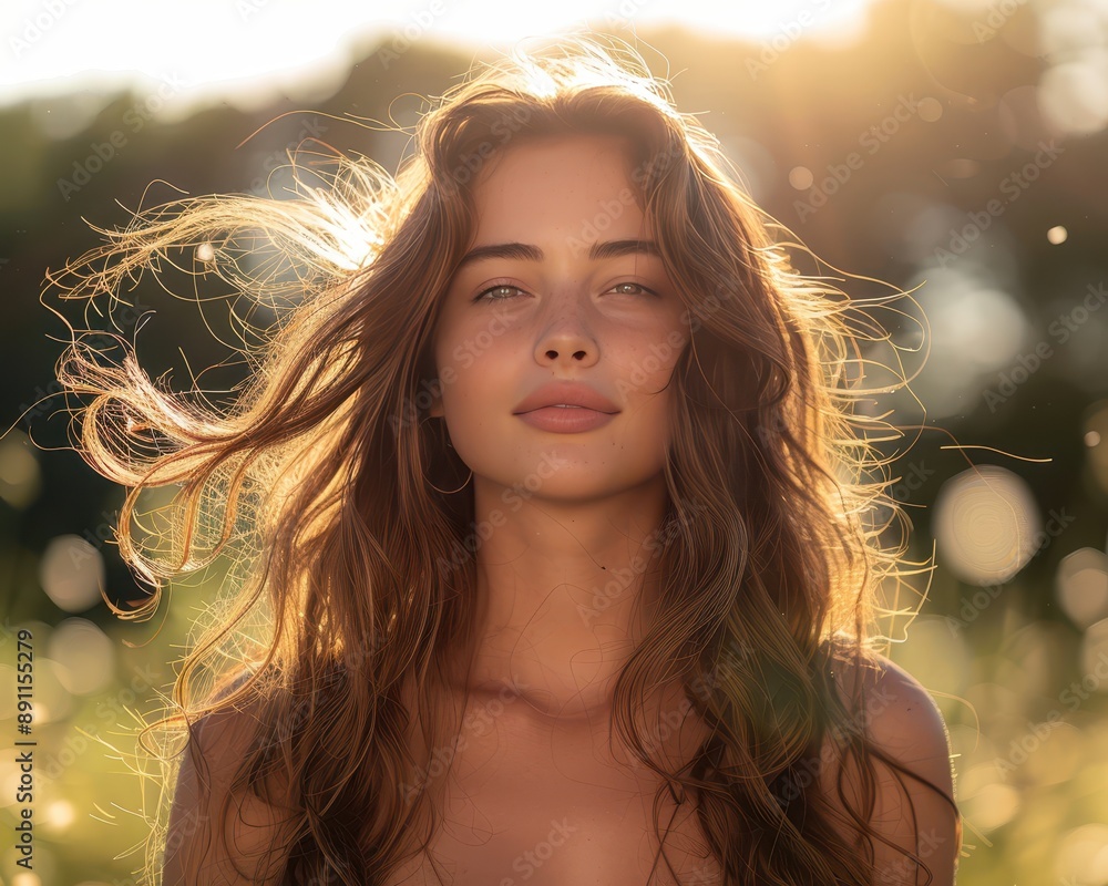 Joyful Hair Toss Moment in Golden-Hour Light - Carefree Model with Mid-Motion Hair Flip Outdoors Joyful Hair Toss Moment in Golden-Hour Light - Carefree Model with Mid-Motion Hair Flip Outdoors