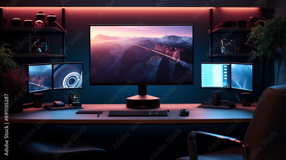 A high-resolution photo of a clean, minimalistic office setup with dual monitors, soft lighting. A high-resolution photo of a clean, minimalistic office setup with dual monitors, soft lighting.