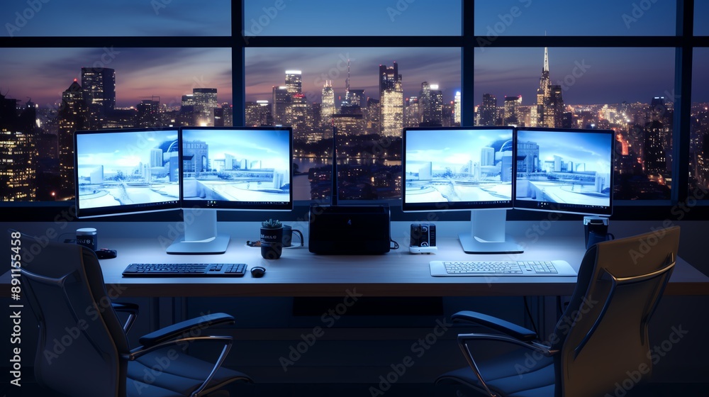 Naklejka premium A high-resolution photo of a clean, minimalistic office setup with dual monitors, soft lighting.