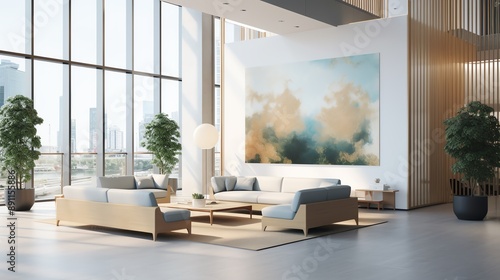 A high-resolution photo of a modern office lobby with clean lines and soft colors, professional and inviting.