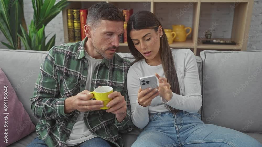 A hispanic couple lounging at home, with the man drinking coffee and the woman using a smartphone, seated comfortably on a gray sofa. A hispanic couple lounging at home, with the man drinking coffee and the woman using a smartphone, seated comfortably on a gray sofa.
