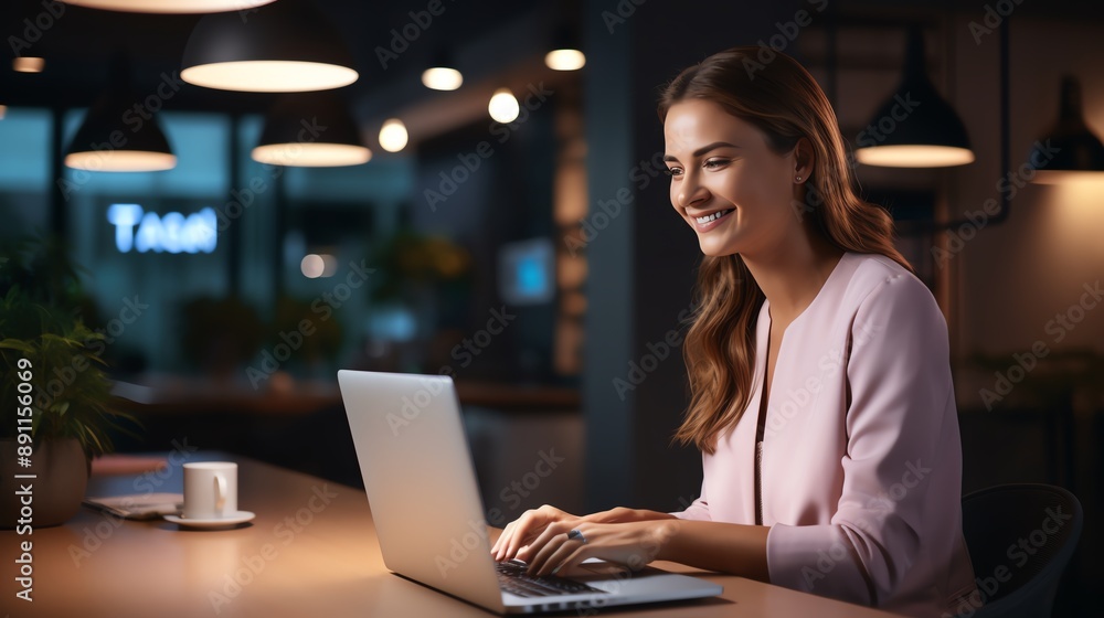 A high-resolution photo of a smiling businesswoman working on a laptop in a clean, minimalistic office, soft lighting. A high-resolution photo of a smiling businesswoman working on a laptop in a clean, minimalistic office, soft lighting.