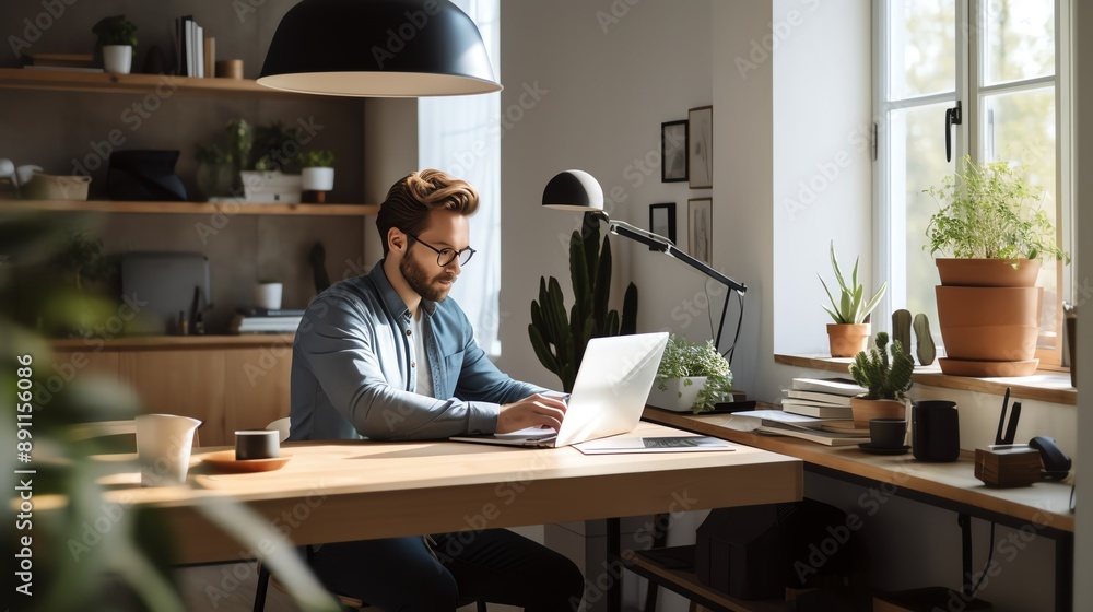 A high-resolution photo of a young professional working remotely from a clean, stylish home office, soft natural light. A high-resolution photo of a young professional working remotely from a clean, stylish home office, soft natural light.