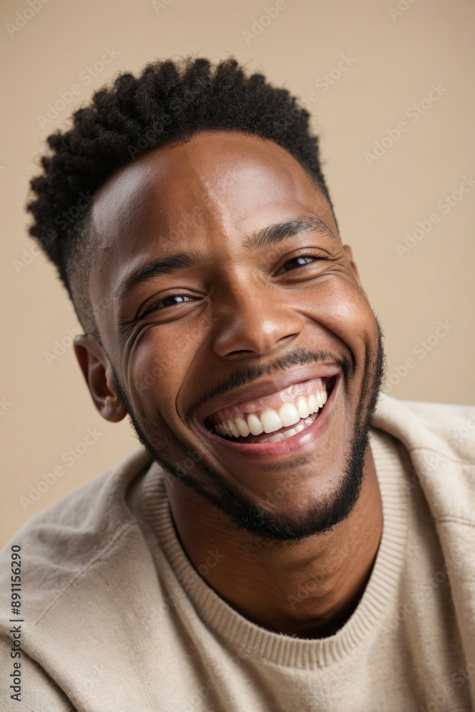 Portrait of young African American man with short black hair smiles broadly Portrait of young African American man with short black hair smiles broadly