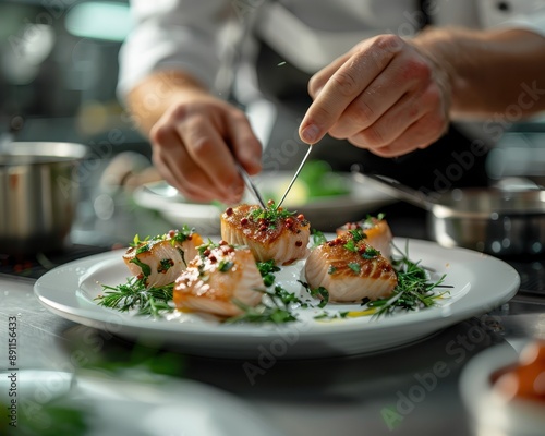 Wallpaper Mural Precision in Culinary Art: Chef Plating Dish with Tweezers in Organized Kitchen Setting Torontodigital.ca