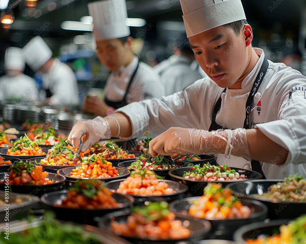 Culinary Team Harmony - Professional Chefs Cooking Gourmet Dishes Together in Busy Kitchen with 90mm f/4.0 Lens Culinary Team Harmony - Professional Chefs Cooking Gourmet Dishes Together in Busy Kitchen with 90mm f/4.0 Lens