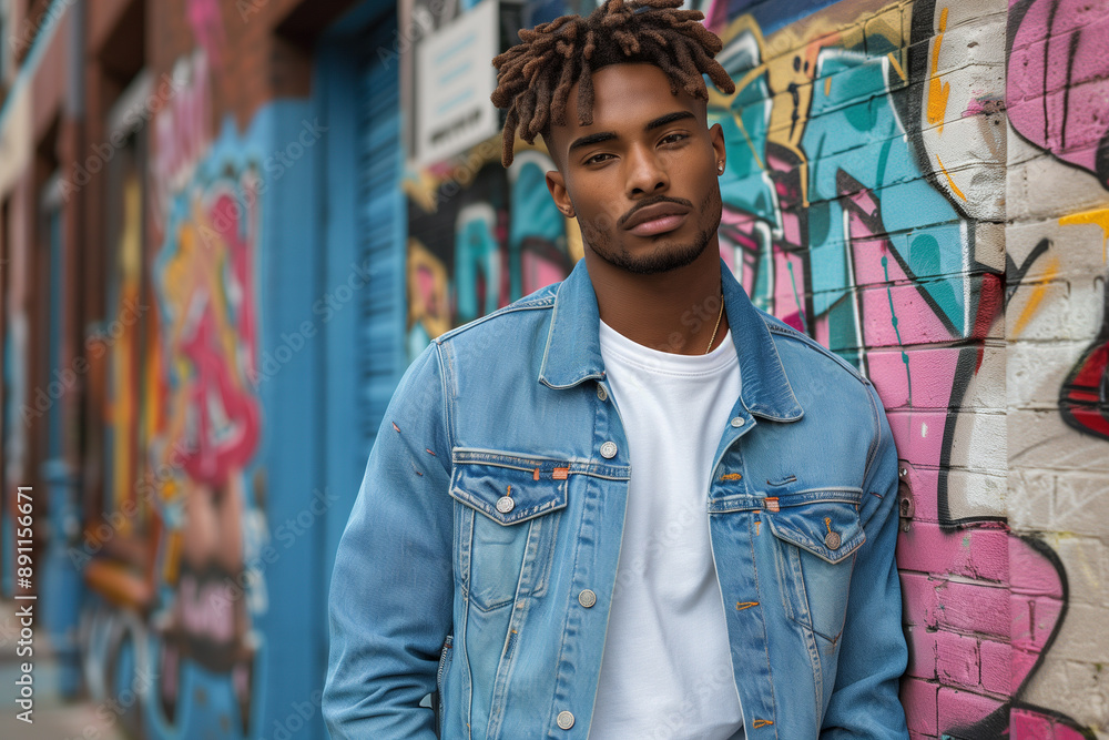 Man in Blue Denim Jacket Leaning Against Graffiti Wall Man in Blue Denim Jacket Leaning Against Graffiti Wall