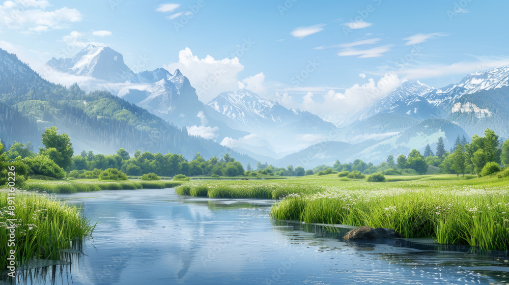Tranquil unexplored wilderness with mountains and a flowing river Tranquil unexplored wilderness with mountains and a flowing river