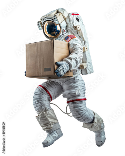 Space Delivery: An astronaut in a white spacesuit floats through space, carrying a brown cardboard box, suggesting the delivery of supplies or cargo to a distant destination.   photo