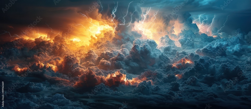 Fototapeta premium Fiery and Blue Lightning Storm Clouds