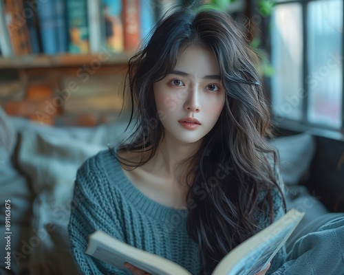 Serene Asian Model Sitting in Cozy Indoor Setting with Book - Relaxation Concept in Portrait Photography