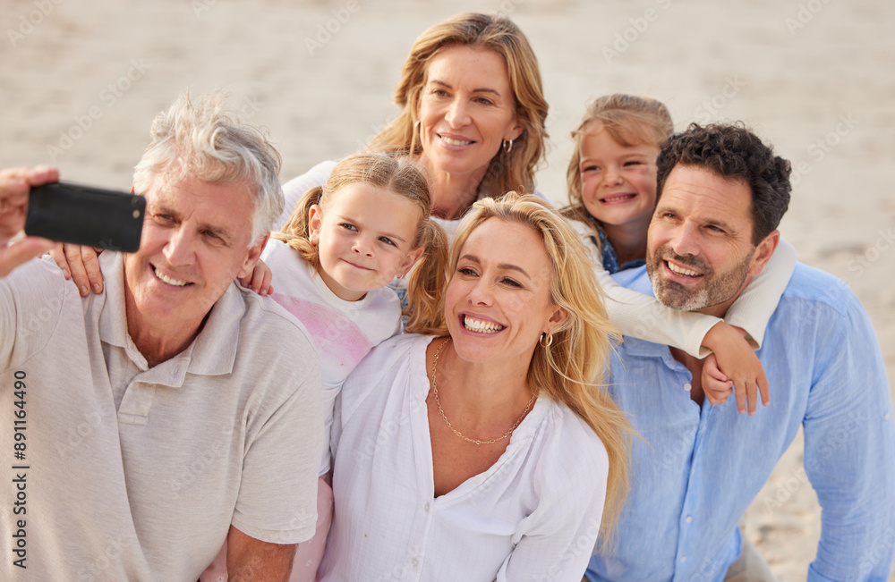 Selfie, happy and family at beach for vacation, holiday and online or together in nature. Mobile app, photography and women or men with children for connection, adventure and reunion for grandparents Selfie, happy and family at beach for vacation, holiday and online or together in nature. Mobile app, photography and women or men with children for connection, adventure and reunion for grandparents