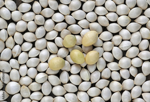 Close up and top angle view of stacked raw ginkgo fruits and seeds, South Korea 