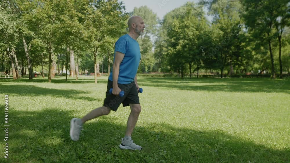 : Active motivated fitness mature man in sportswear practicing cross weight training, performing dumbbell reverse lunges workout , improving hamstring and glute muscles on park lawn. : Active motivated fitness mature man in sportswear practicing cross weight training, performing dumbbell reverse lunges workout , improving hamstring and glute muscles on park lawn.