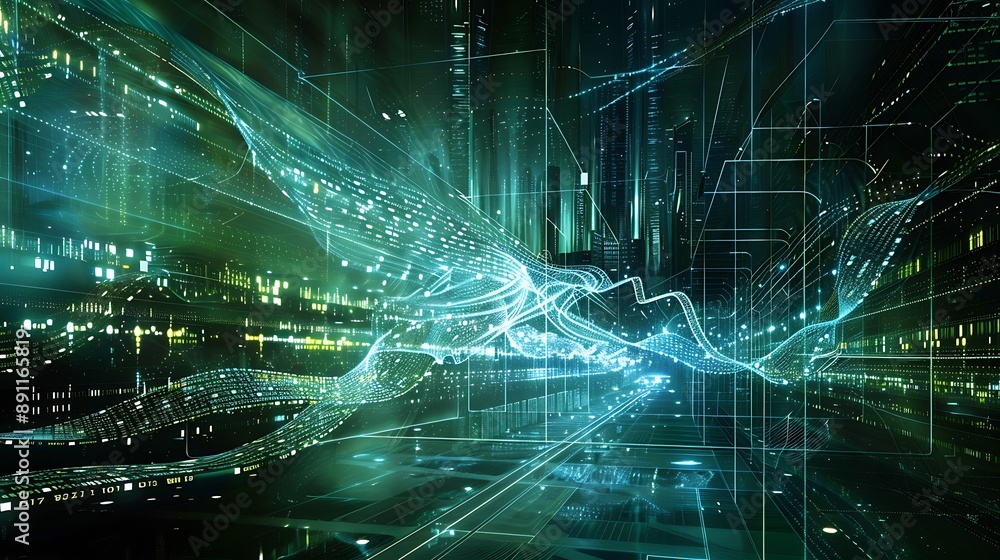 High tech quantum computing lab with a glowing quantum computer surrounded by digital streams and quantum wave functions High tech quantum computing lab with a glowing quantum computer surrounded by digital streams and quantum wave functions