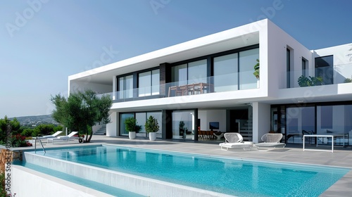 Minimalist modern white house exterior with swimming pool terrace