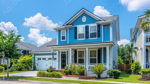 An elegant electric blue house with siding, located on a large lot in a quiet subdivision, featuring traditional windows and shutters, under a sunny day. 