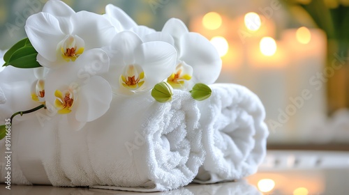 SPA setting with flowers, orchid, candle or towel on wooden table in massage room. Modern SPA salon