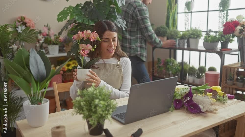 Woman gardener uses laptop in flower shop with man arranging plants in the background indoors. Woman gardener uses laptop in flower shop with man arranging plants in the background indoors.