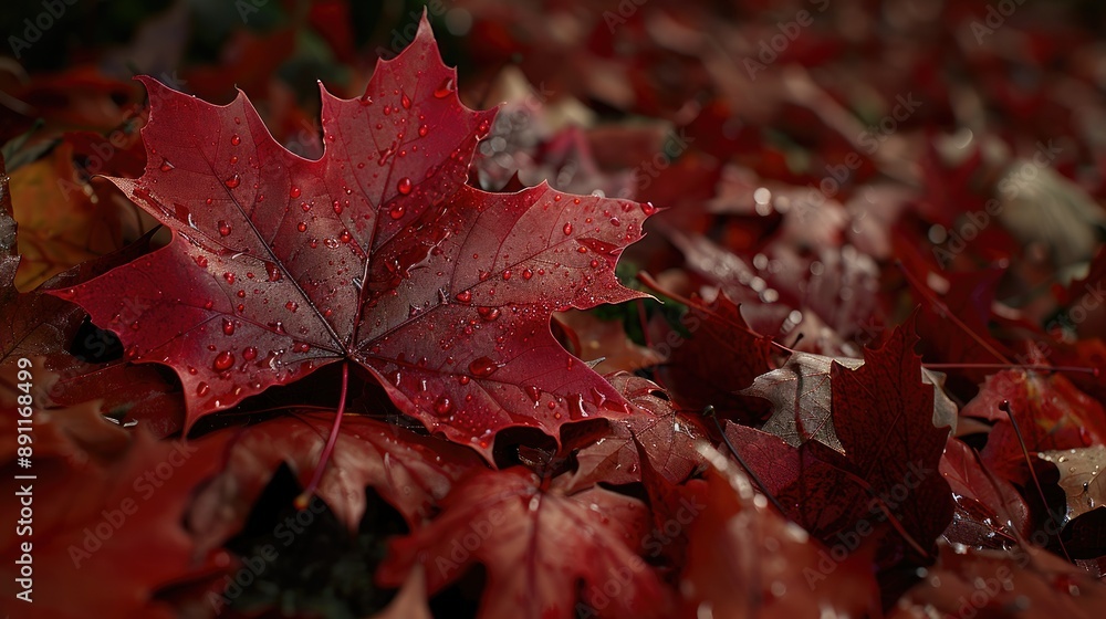 Fototapeta premium Stunning dew-covered red maple leaf on autumn ground