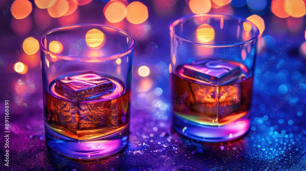 Two glasses of whiskey with ice in colorful lighting. Two glasses of whiskey with ice in colorful lighting.