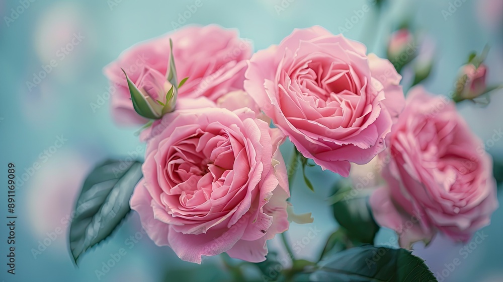 Beautiful pink roses with green leaves on blue background Beautiful pink roses with green leaves on blue background