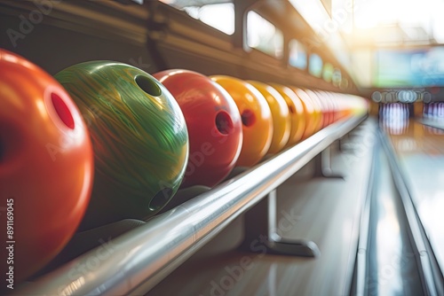 Row of Colorful Bowling Balls on Rack photo