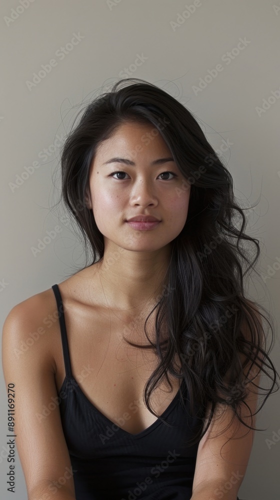 Portrait of a woman with long wavy hair and a calm expression, wearing a black top against a neutral background. Portrait of a woman with long wavy hair and a calm expression, wearing a black top against a neutral background.