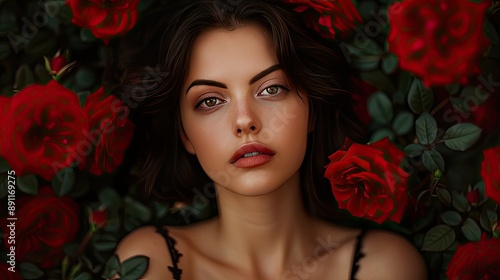 Woman amidst red roses with intense expression. © Matthew