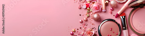 Makeup and cosmetics products set on pastel background with a copy space banner