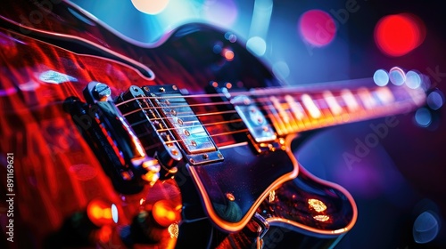 Close-up of electric guitar with vibrant lighting effects photo