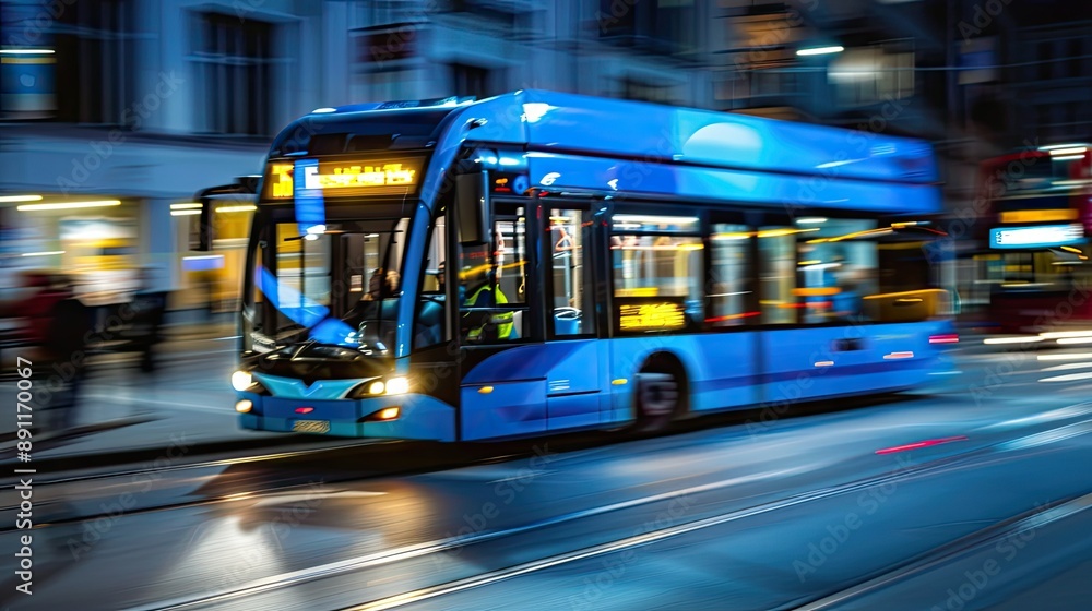 Modern blue city bus captured in motion at night time. Modern blue city bus captured in motion at night time.