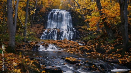 Waterfall surrounded by autumn foliage in a forest