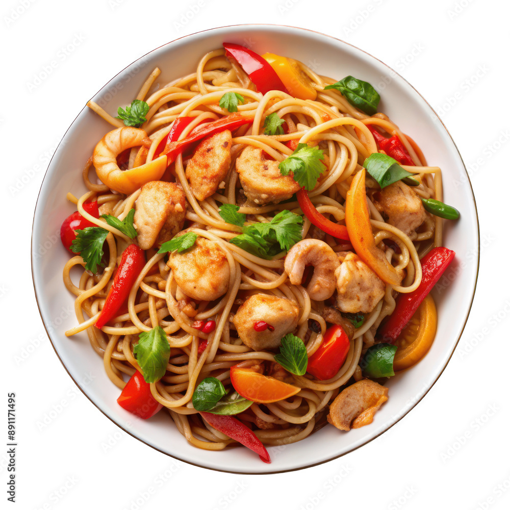 Wok noodles with chicken, shrimp and vegetables on white plate on transparent Wok noodles with chicken, shrimp and vegetables on white plate on transparent