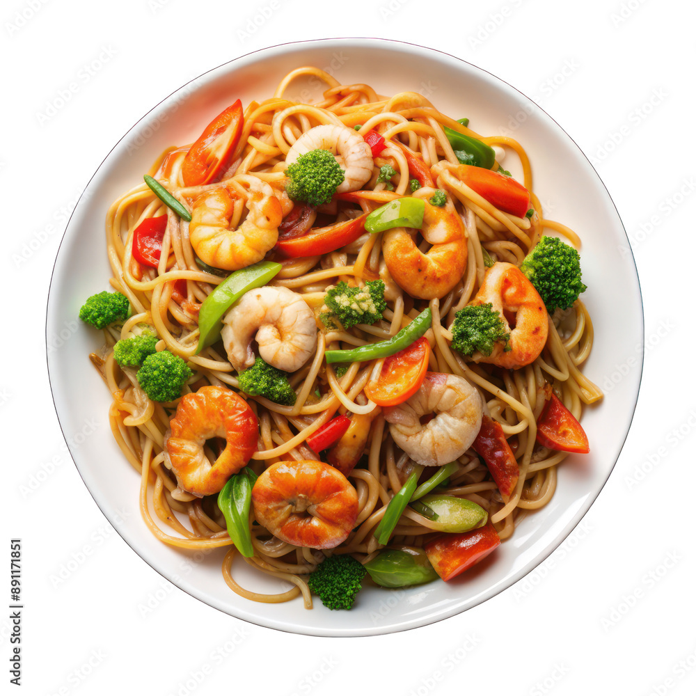 Wok noodles with chicken, shrimp and vegetables on white plate on transparent Wok noodles with chicken, shrimp and vegetables on white plate on transparent