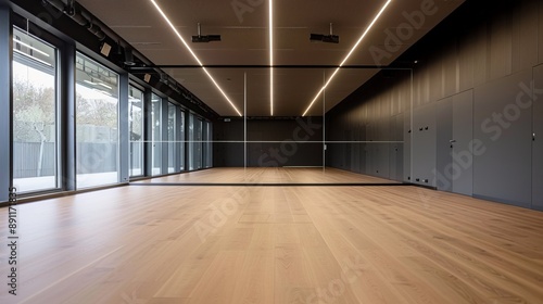 Spacious dance studio with floor-to-ceiling mirrors and a wooden floor, the studio is ready for dancers, the atmosphere is dynamic and energetic, photography, wide-angle lens,