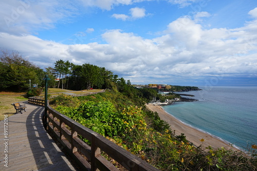 bench at seaside cliff walkway